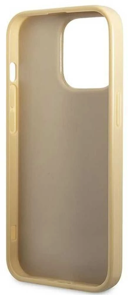 Guess GUHCP14LHGGSHD iPhone 14 Pro 6,1″ auksinis kietas dėklas Glitter Script