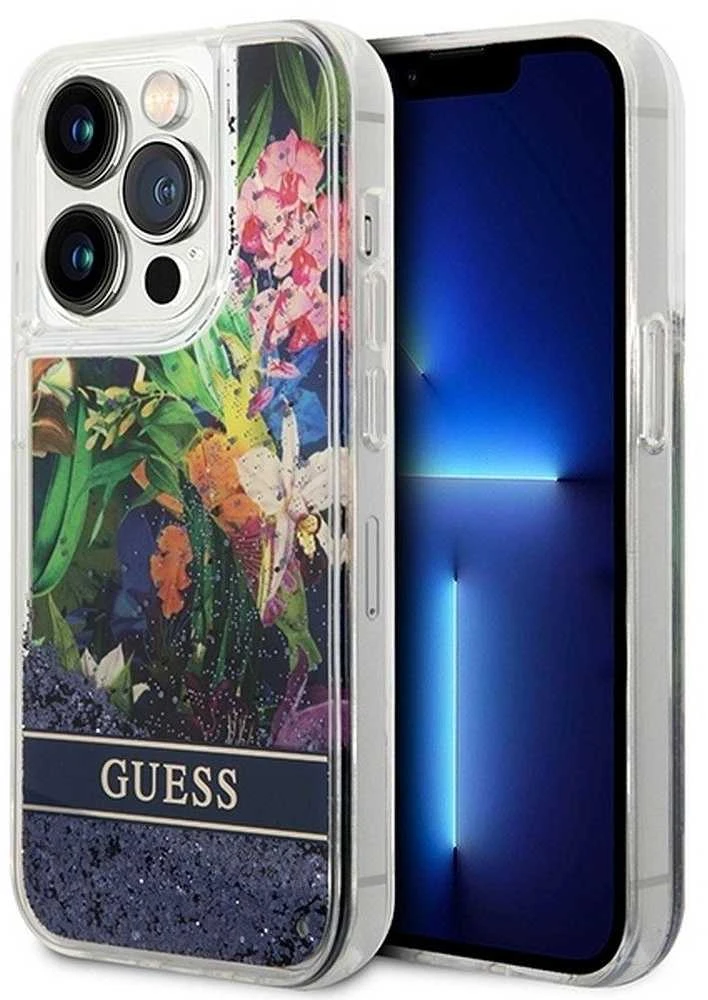 Dėklas GUESS GUHCP14LLFLSB IPHONE 14 PRO 6.1 "Mėlynas/Mėlynas HARDCASE FLOWER LIQUID GLITTER