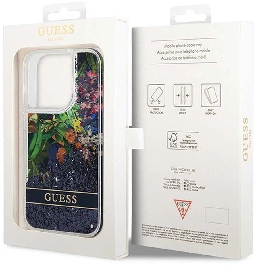 Dėklas GUESS GUHCP14LLFLSB IPHONE 14 PRO 6.1 "Mėlynas/Mėlynas HARDCASE FLOWER LIQUID GLITTER