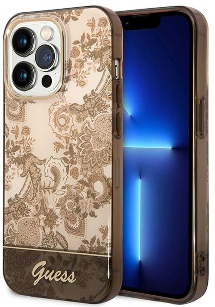 Apple iPhone 14 Pro Max Guess dėklas Porcelain Collection aukso spalvos