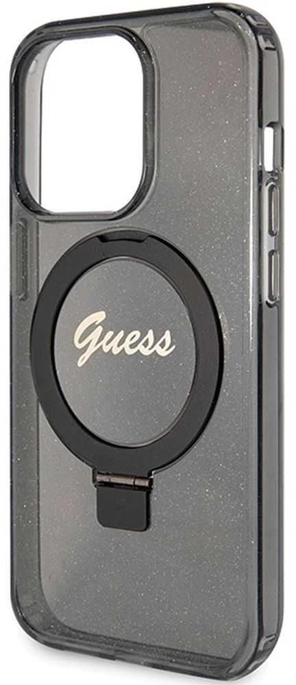 Dėklas GUESS GUHMP15LHRSGSK IPHONE 15 PRO 6.1 "Juodas/Juodas HARDCASE RING STAND SCRIPT GLITTER MAGSAFE