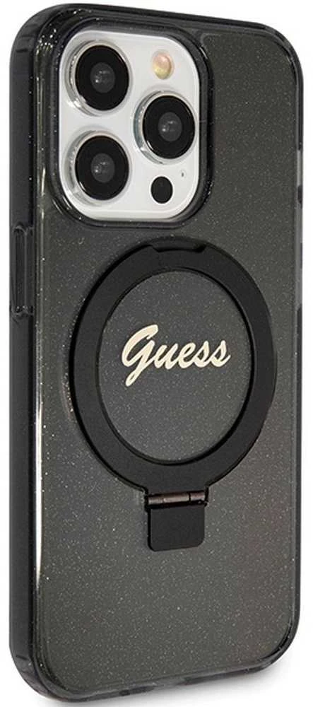 Dėklas GUESS GUHMP15LHRSGSK IPHONE 15 PRO 6.1 "Juodas/Juodas HARDCASE RING STAND SCRIPT GLITTER MAGSAFE