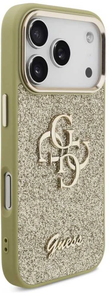Guess Fixed Glitter Big 4G Metal Frame dėklas skirtas Apple iPhone 17 Pro aukso spalvos