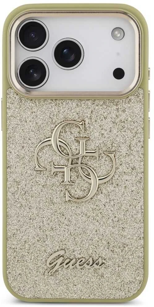 Guess Fixed Glitter Big 4G Metal Frame dėklas skirtas Apple iPhone 17 Pro aukso spalvos