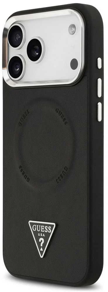 Guess PU Leather Triangle Logo MagSafe dėklas skirtas Apple iPhone 17 Pro Max juodos spalvos