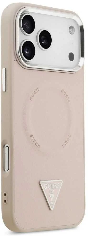 Guess PU Leather Triangle Logo MagSafe dėklas skirtas Apple iPhone 17 Pro Max rožinės spalvos