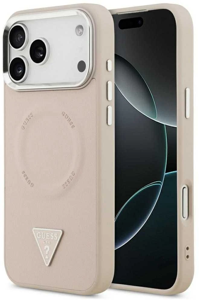 Guess PU Leather Triangle Logo MagSafe dėklas skirtas Apple iPhone 17 Pro Max rožinės spalvos
