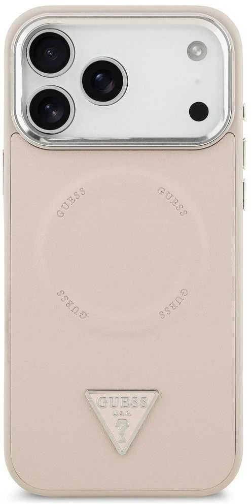 Guess PU Leather Triangle Logo MagSafe dėklas skirtas Apple iPhone 17 Pro Max rožinės spalvos