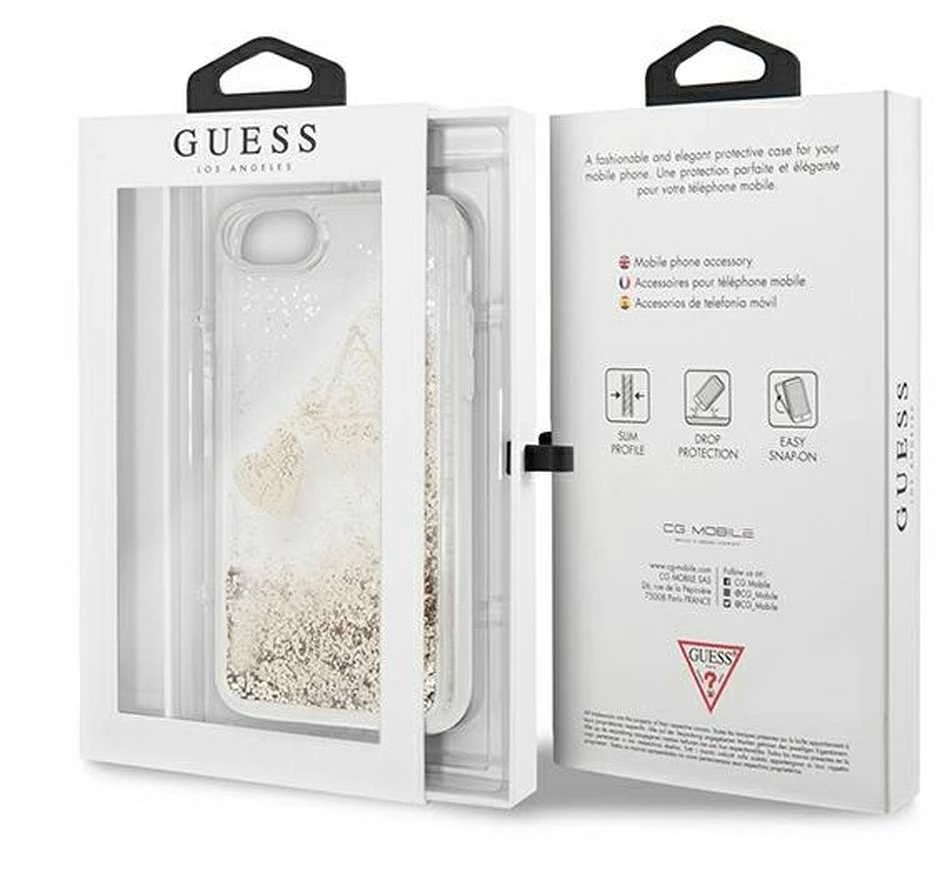 Guess GUOHCI8GLHFLGO Apple iPhone 7/8/SE 2020/SE 2022 auksinis kietas dėklas Glitter Charms