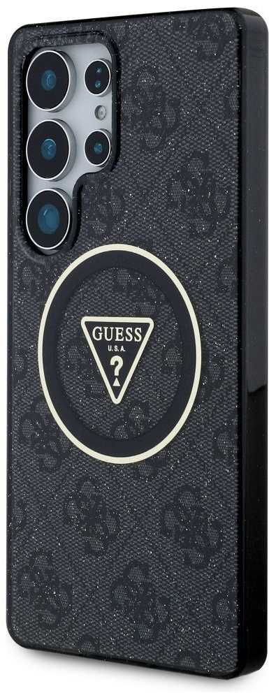 Guess 4G Glitter Triangle Mygtukai MagSafe Samsung Galaxy S25 Ultra dėklas telefonui juodos spalvos