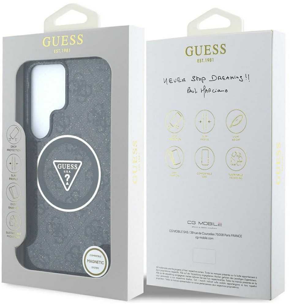 Guess 4G Glitter Triangle Mygtukai MagSafe Samsung Galaxy S25 Ultra dėklas telefonui juodos spalvos