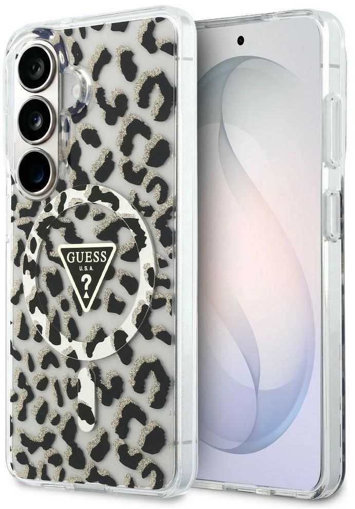 Dėklas Guess IML Leopard Print Triangle MagSafe Samsung Galaxy S26 juodos spalvos
