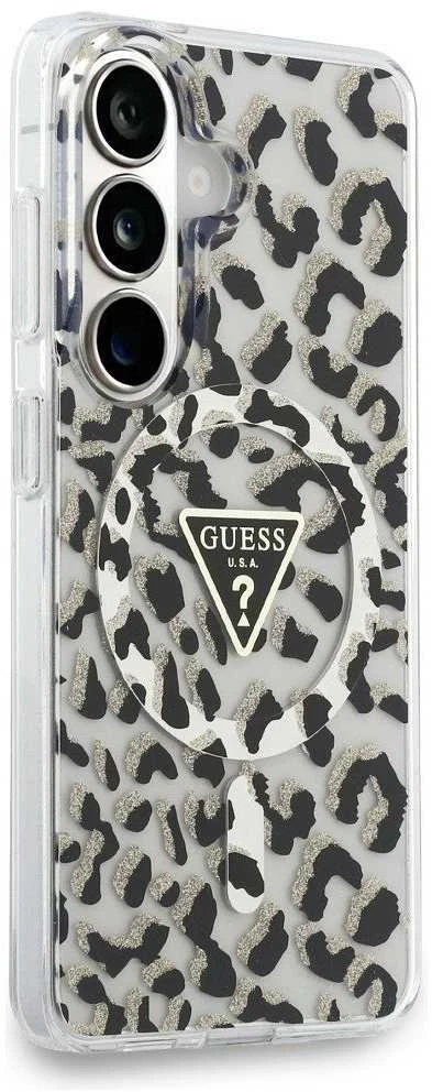 Dėklas Guess IML Leopard Print Triangle MagSafe Samsung Galaxy S26 juodos spalvos