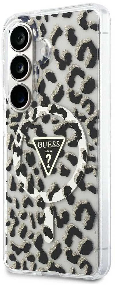 Dėklas Guess IML Leopard Print Triangle MagSafe Samsung Galaxy S26 juodos spalvos