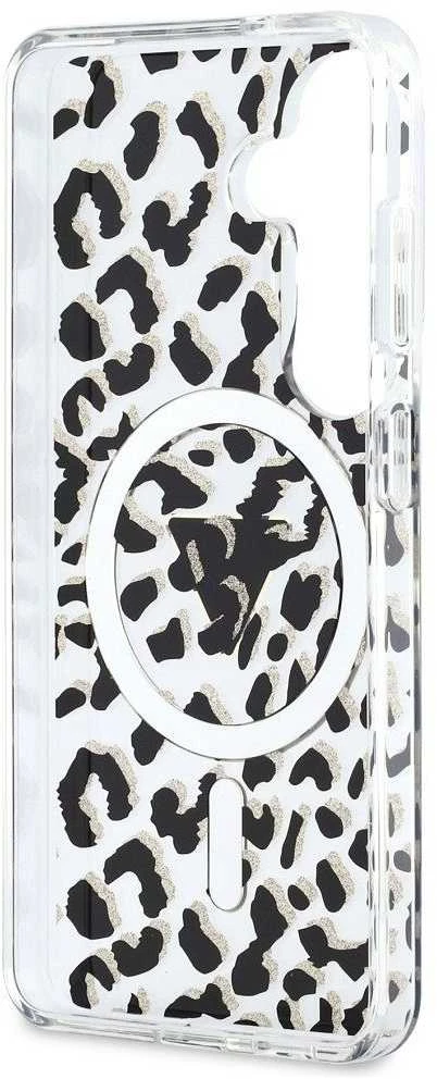 Dėklas Guess IML Leopard Print Triangle MagSafe Samsung Galaxy S26 juodos spalvos