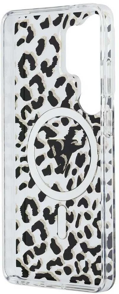 Dėklas Guess IML Leopard Print Triangle MagSafe Samsung Galaxy S26 Ultra juodos spalvos