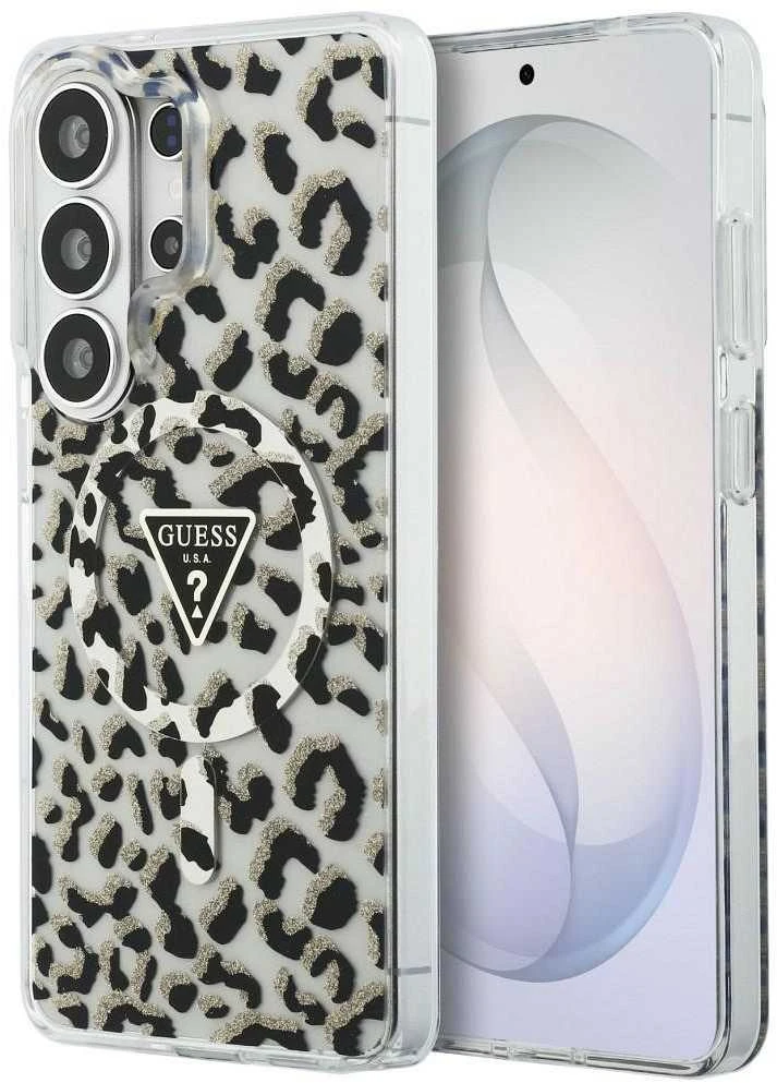 Dėklas Guess IML Leopard Print Triangle MagSafe Samsung Galaxy S26 Ultra juodos spalvos