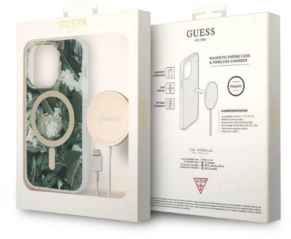 Guess set telefono dėklas + pakrovėjas iPhone 14 Pro Max 6,7 GUBPP14XHJEACSA žalias hard telefono dėklas Jungle MagSafe