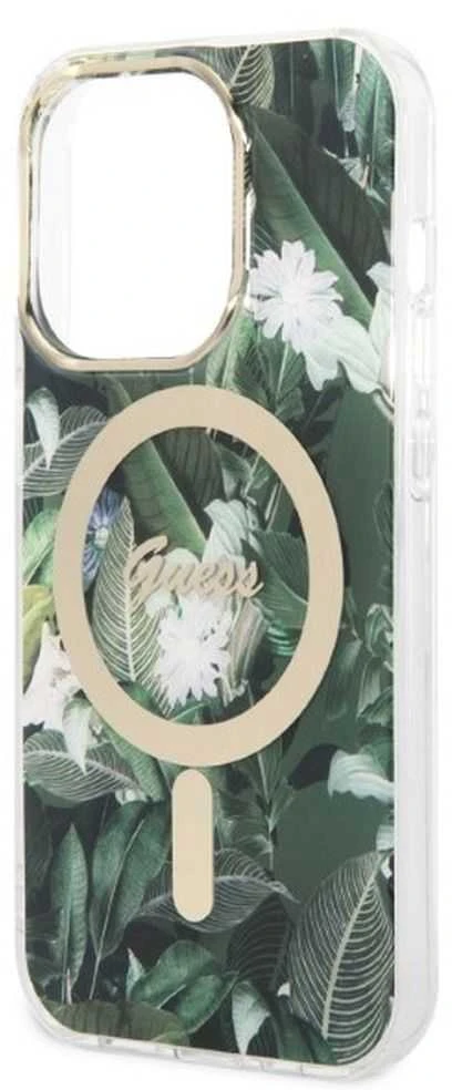 Guess set telefono dėklas + pakrovėjas iPhone 14 Pro Max 6,7 GUBPP14XHJEACSA žalias hard telefono dėklas Jungle MagSafe