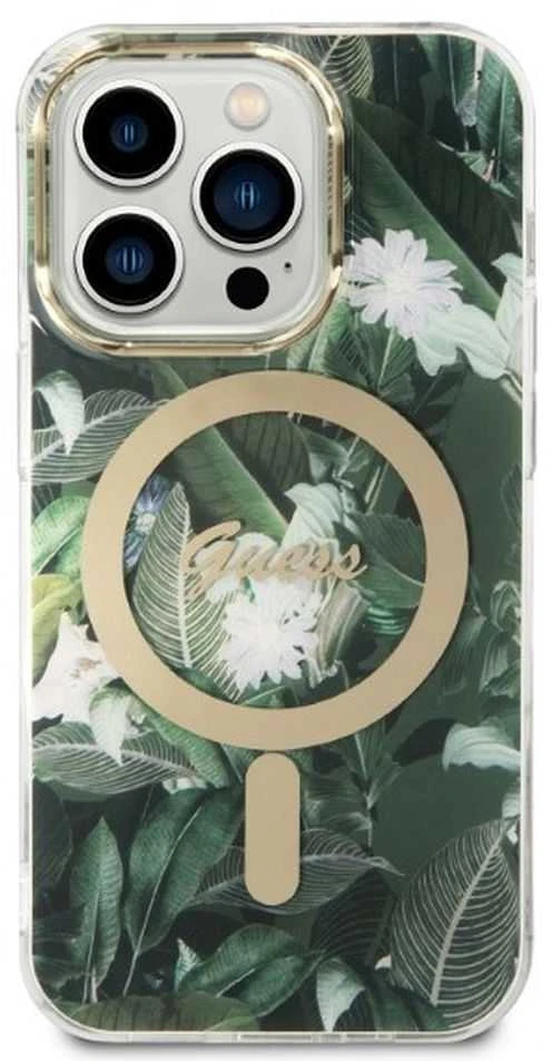 Guess set telefono dėklas + pakrovėjas iPhone 14 Pro Max 6,7 GUBPP14XHJEACSA žalias hard telefono dėklas Jungle MagSafe