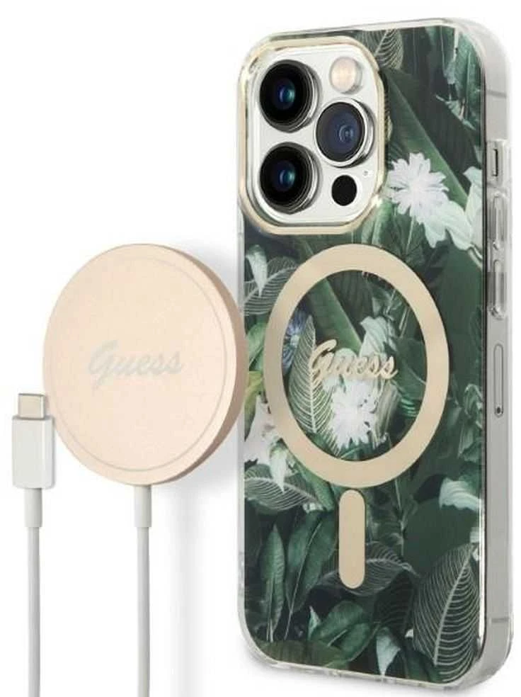 Guess set telefono dėklas + pakrovėjas iPhone 14 Pro Max 6,7 GUBPP14XHJEACSA žalias hard telefono dėklas Jungle MagSafe