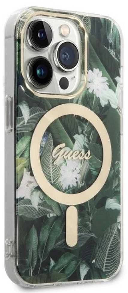 Guess set telefono dėklas + pakrovėjas iPhone 14 Pro Max 6,7 GUBPP14XHJEACSA žalias hard telefono dėklas Jungle MagSafe