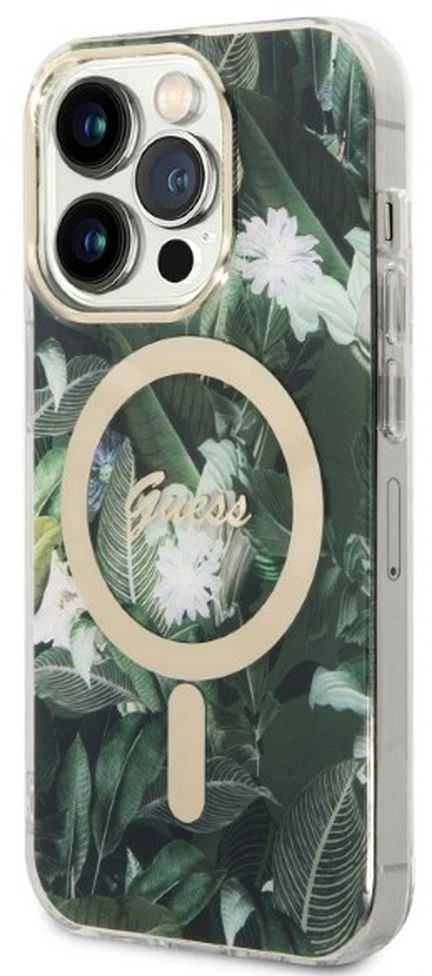 Guess set telefono dėklas + pakrovėjas iPhone 14 Pro Max 6,7 GUBPP14XHJEACSA žalias hard telefono dėklas Jungle MagSafe