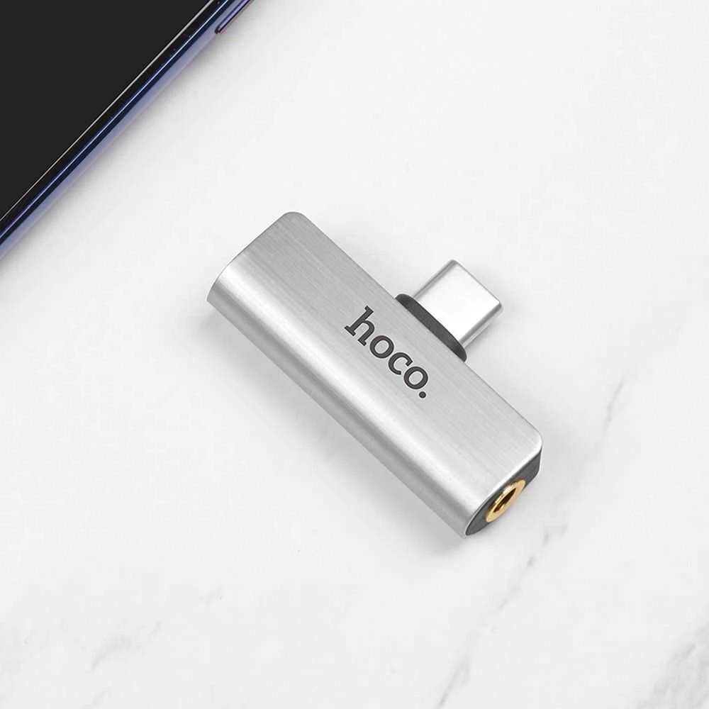 Adapteris Hoco LS26 iš Type-C į Type-C + 3,5mm sidabro spalvos
