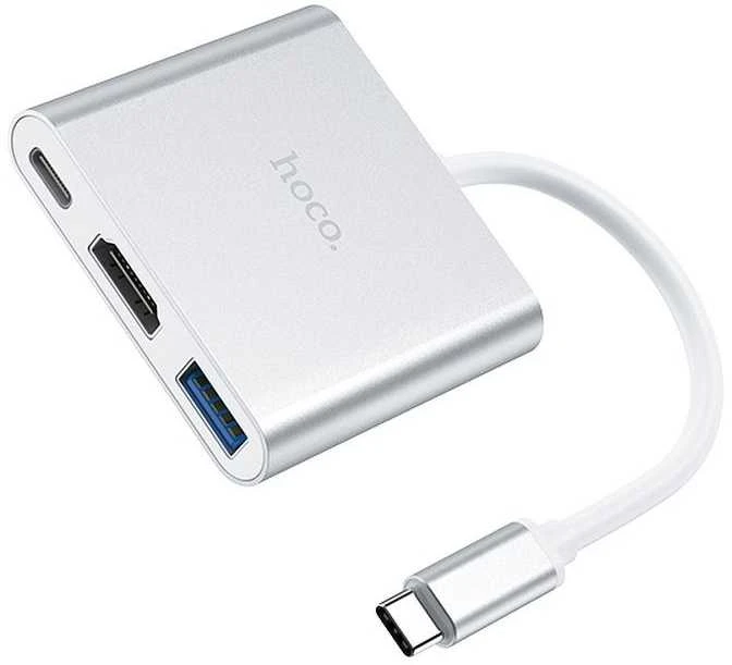 Adapteris Hoco HB14 Type-C to USB-A+HDMI+Type-C sidabrinis