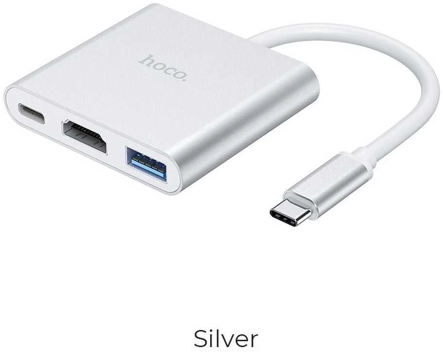 Adapteris Hoco HB14 Type-C to USB-A+HDMI+Type-C sidabrinis
