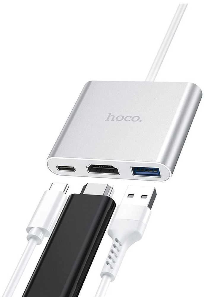 Adapteris Hoco HB14 Type-C to USB-A+HDMI+Type-C sidabrinis