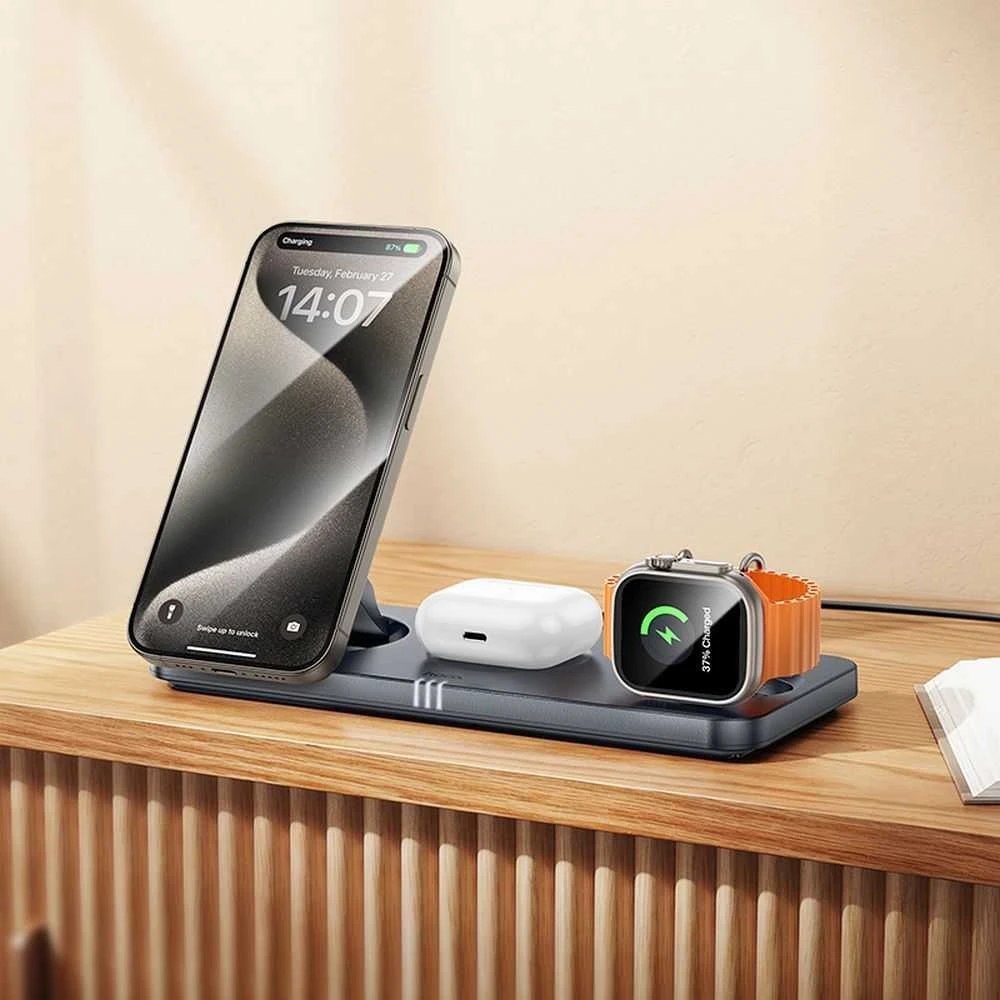 Belaidis įkroviklis Hoco 3in1 (CQ22) (MagSafe) (Phone;AirPods;Watch) 15W juodas