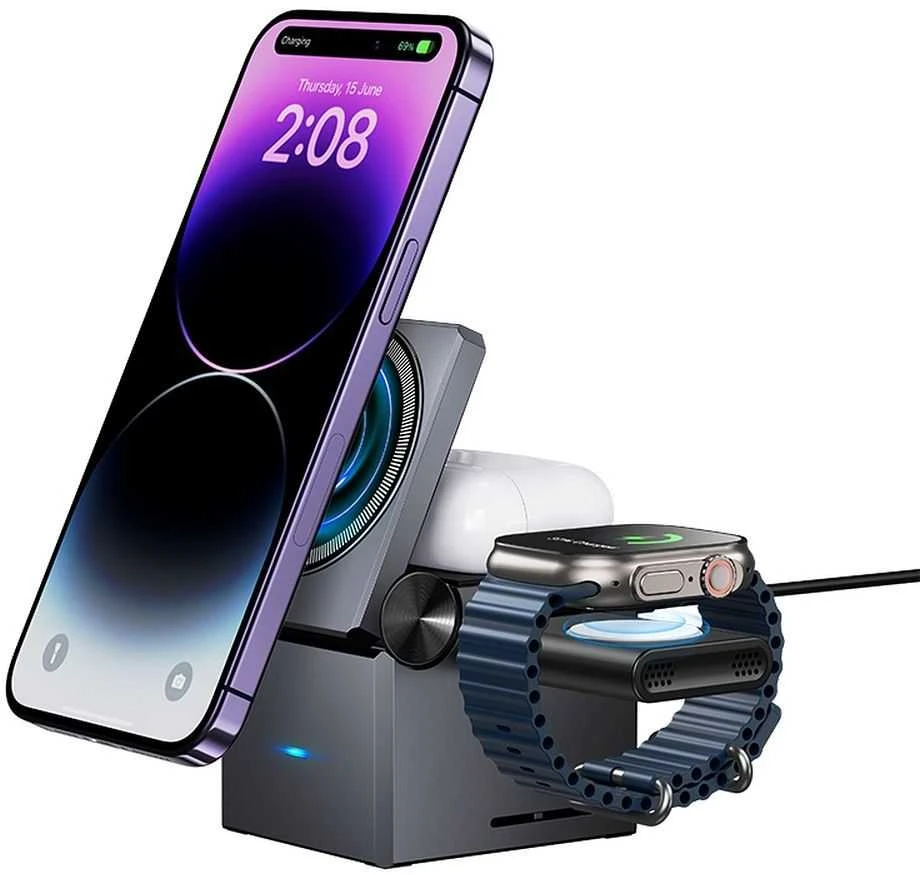 Belaidis įkroviklis Hoco 3in1 (CQ8) (MagSafe) (Phone; Pods; Watch) 15W juodas