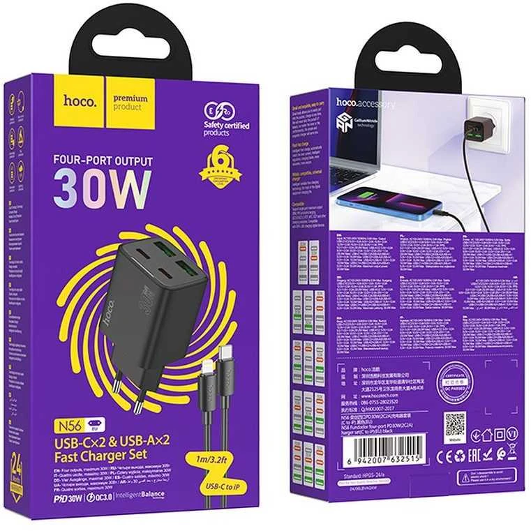 Telefono įkroviklis Hoco 2 x USB C + 2 x USB A QC3.0 PD 3A 30W + laidas USB C į Lightning N56 juodas
