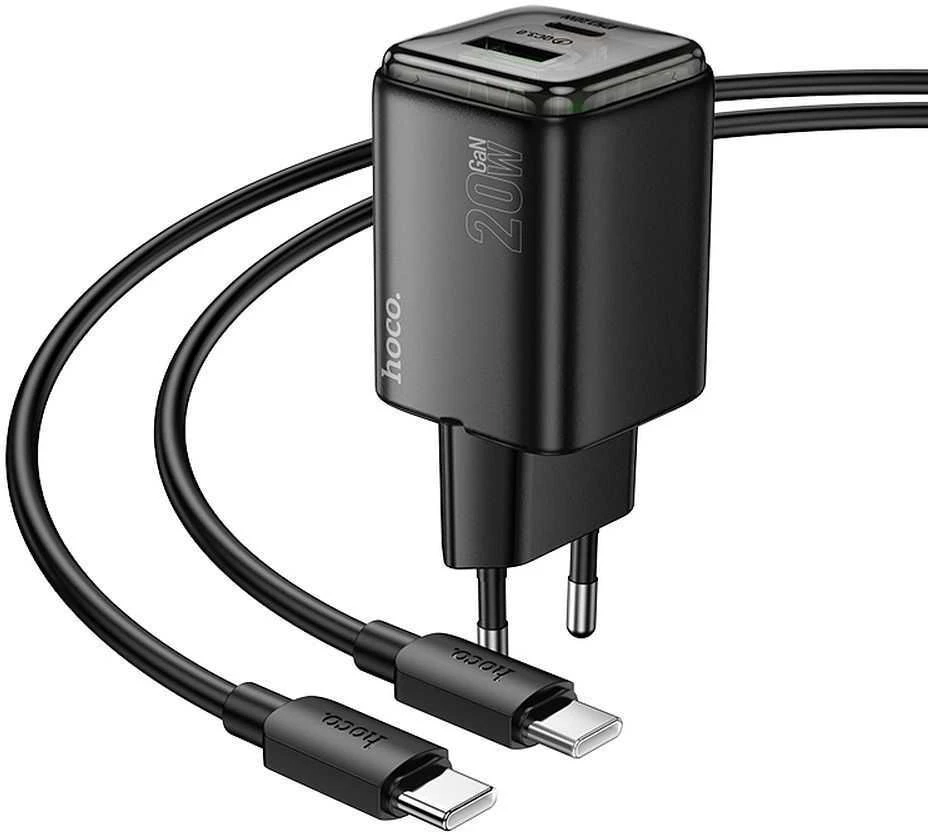 Telefono įkroviklis Hoco USB A + USB C QC3.0 PD 3A 20W + laidas USB C į USB C N34 skaidrus