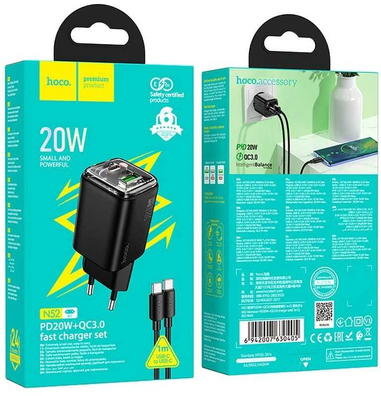 Telefono įkroviklis Hoco USB A + USB C QC3.0 PD 3A 20W + laidas USB C į USB C N34 skaidrus