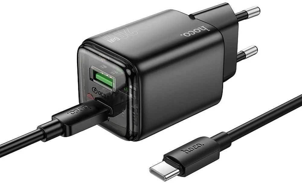 Telefono įkroviklis Hoco USB A + USB C QC3.0 PD 3A 20W + laidas USB C į USB C N34 skaidrus