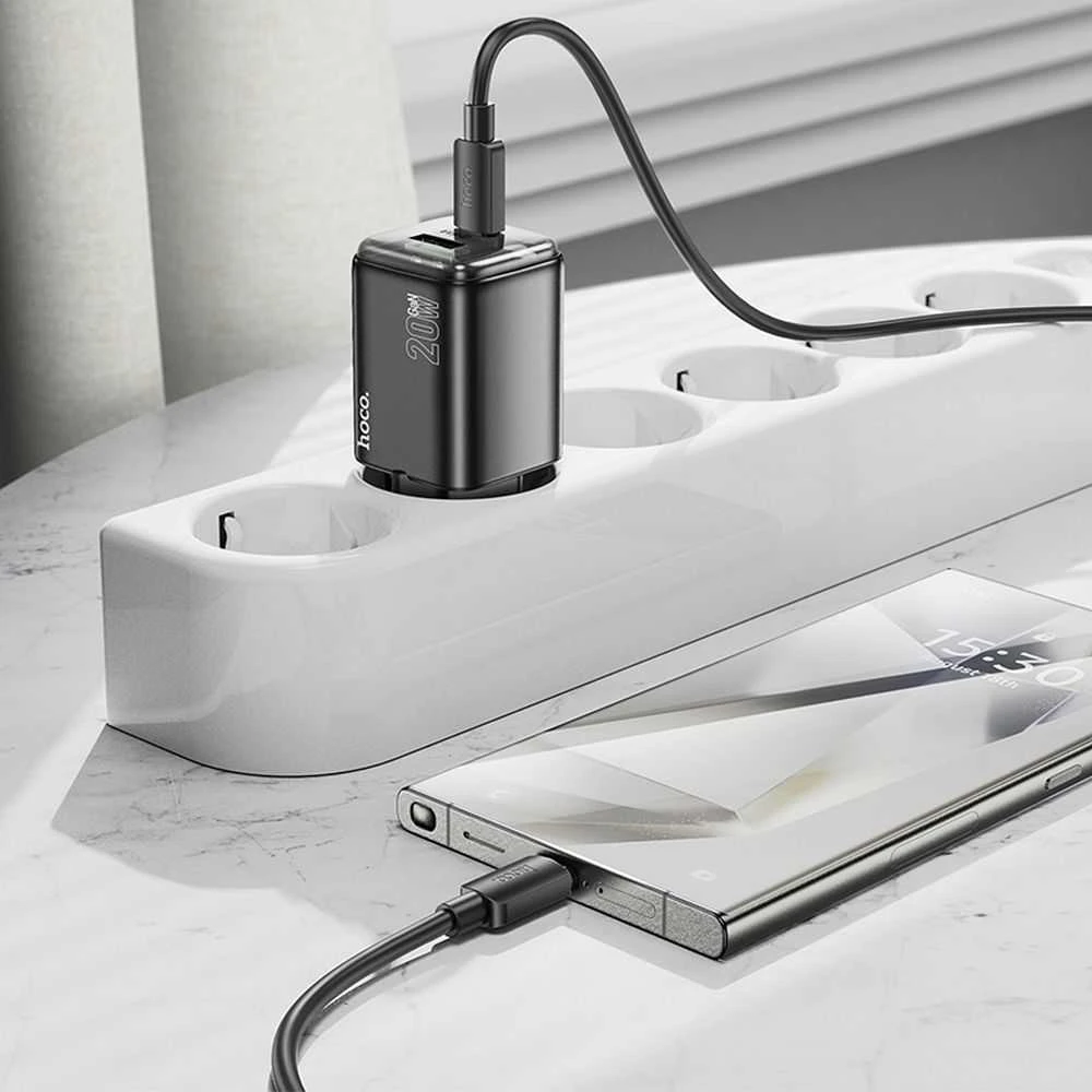 Telefono įkroviklis Hoco USB A + USB C QC3.0 PD 3A 20W + laidas USB C į USB C N34 skaidrus