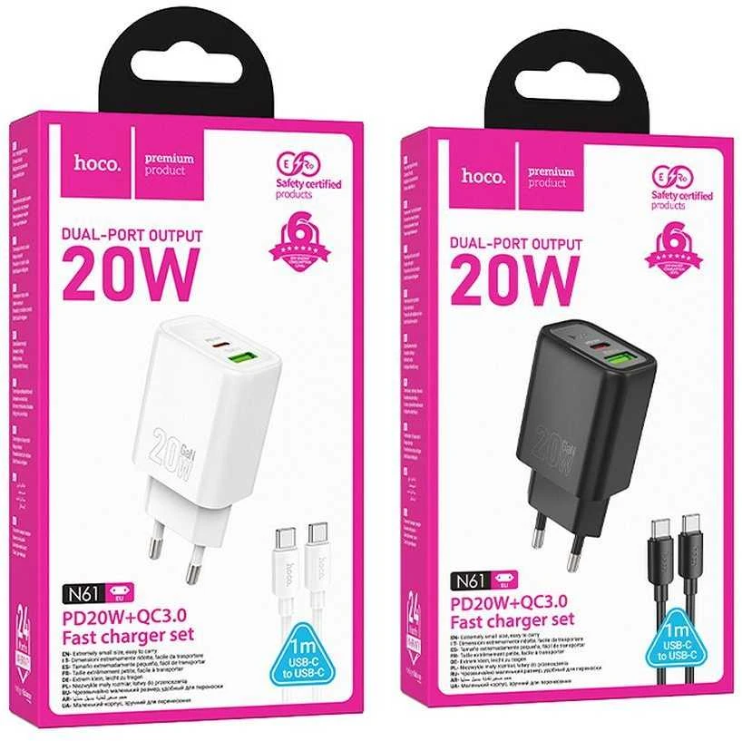 Telefono įkroviklis Hoco USB A + USB C QC3.0 PD 3A 20W + laidas USB C - Lightning N61 juodas