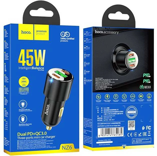 Automobilinis įkroviklis Hoco NZ6 PD45W 2xType-C/1xUSB-A juodas