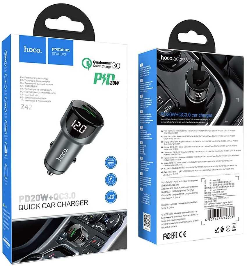 Automobilinis įkroviklis HOCO USB QC3.0 + PD20W LED kelio lemputė Z42 pilkas