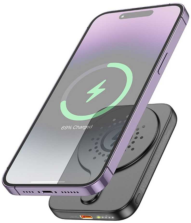Nešiojamoji baterija, suderinama su „MagSafe Hoco 5000 mAh QC PD 18W J117“, juoda