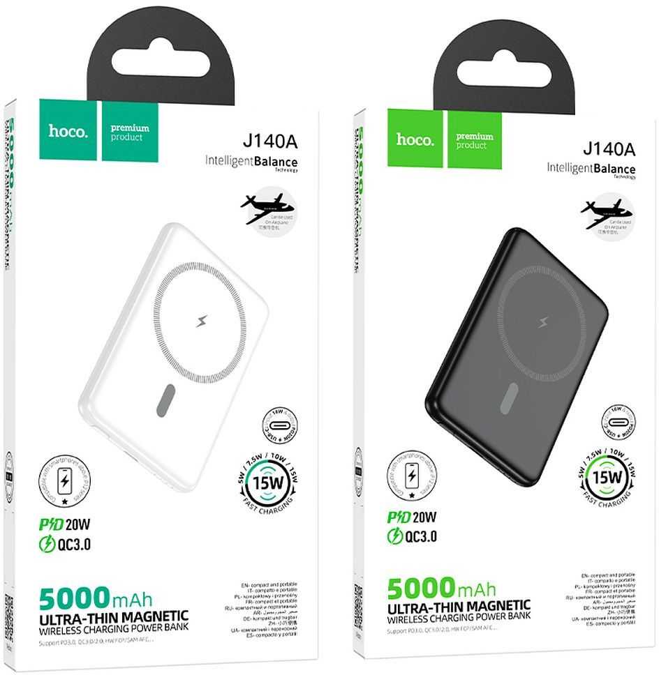 Išorinė baterija, suderinama su „MagSafe Hoco 5000 mAh QC PD 2A 20W“, itin plona, J140A, juoda