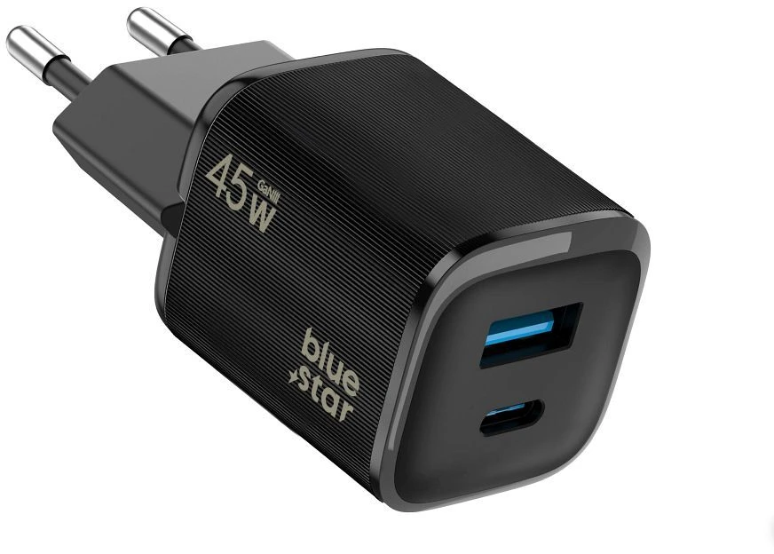 BlueStar Phone charger Blue Star Nano GaN USB C + USB A QC4.0 PD 3A 45W VT-334 juodas