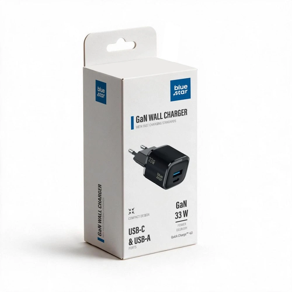 BlueStar Phone charger Blue Star Nano GaN USB C + USB A QC4.0 PD 3A 33W VT-332 juodas