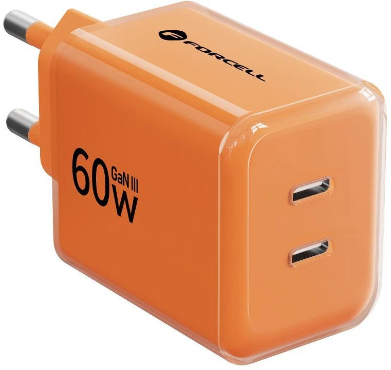 Telefono įkroviklis Forcell F-Energy GaN III Crystal Color 2x USB C AVS SSFC3.0 60W + silikoninis laidas USB C į USB C VT-60 oranžinis