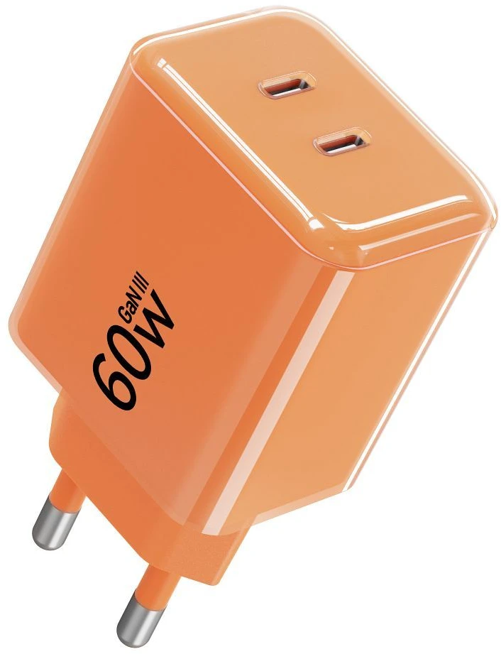 Telefono įkroviklis Forcell F-Energy GaN III Crystal Color 2x USB C AVS SSFC3.0 60W + silikoninis laidas USB C į USB C VT-60 oranžinis