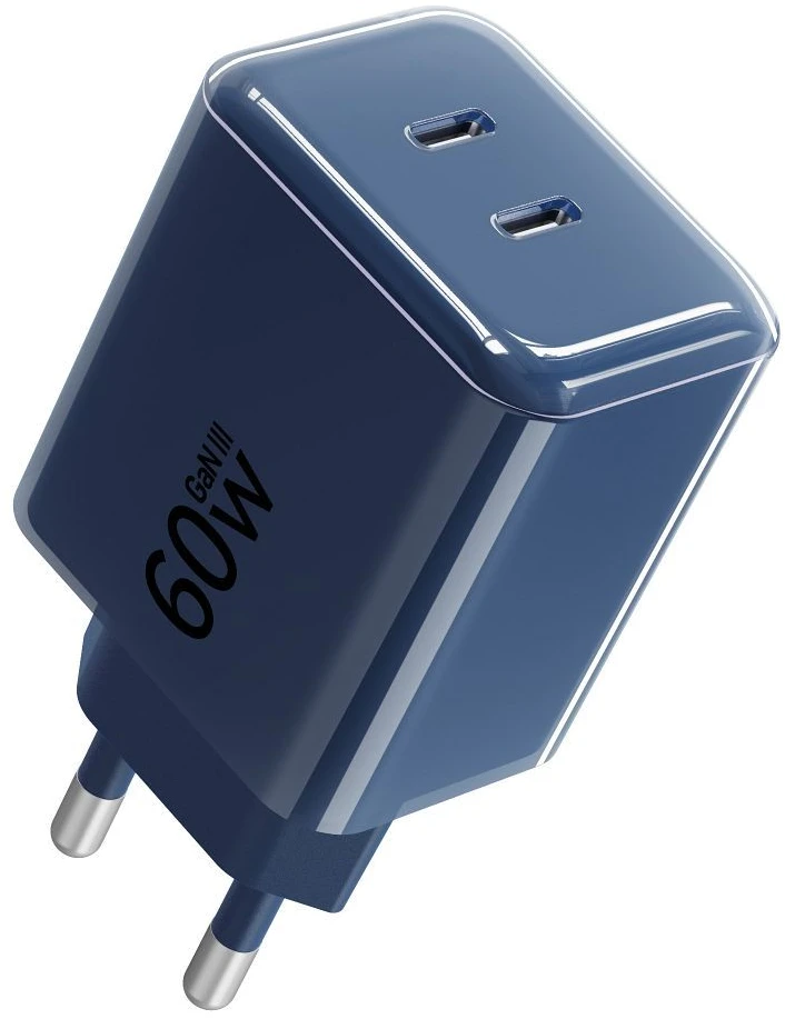 Telefono įkroviklis Forcell F-Energy GaN III Crystal Color 2x USB C AVS SSFC3.0 60W + silikoninis laidas USB C į USB C VT-60 tamsi mėlynas