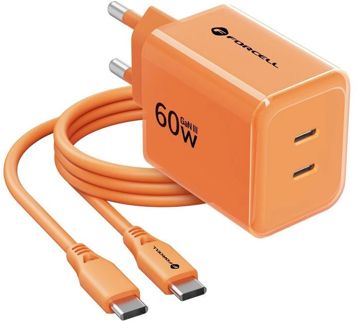 Telefono įkroviklis Forcell F-Energy GaN III Crystal Color 2x USB C AVS SSFC3.0 60W + silikoninis laidas USB C į USB C VT-60 oranžinis