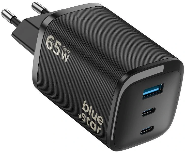 BlueStar Phone charger Blue Star Nano GaN 2x USB C + USB A QC4.0 PD 3A 65W VT-335 juodas
